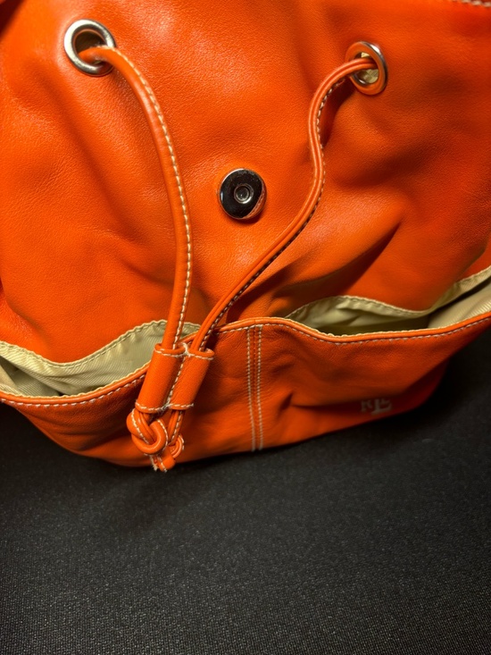 Lauren Ralph Lauren Orange Leather Drawstring Backpack Bag RL Logo main image 4